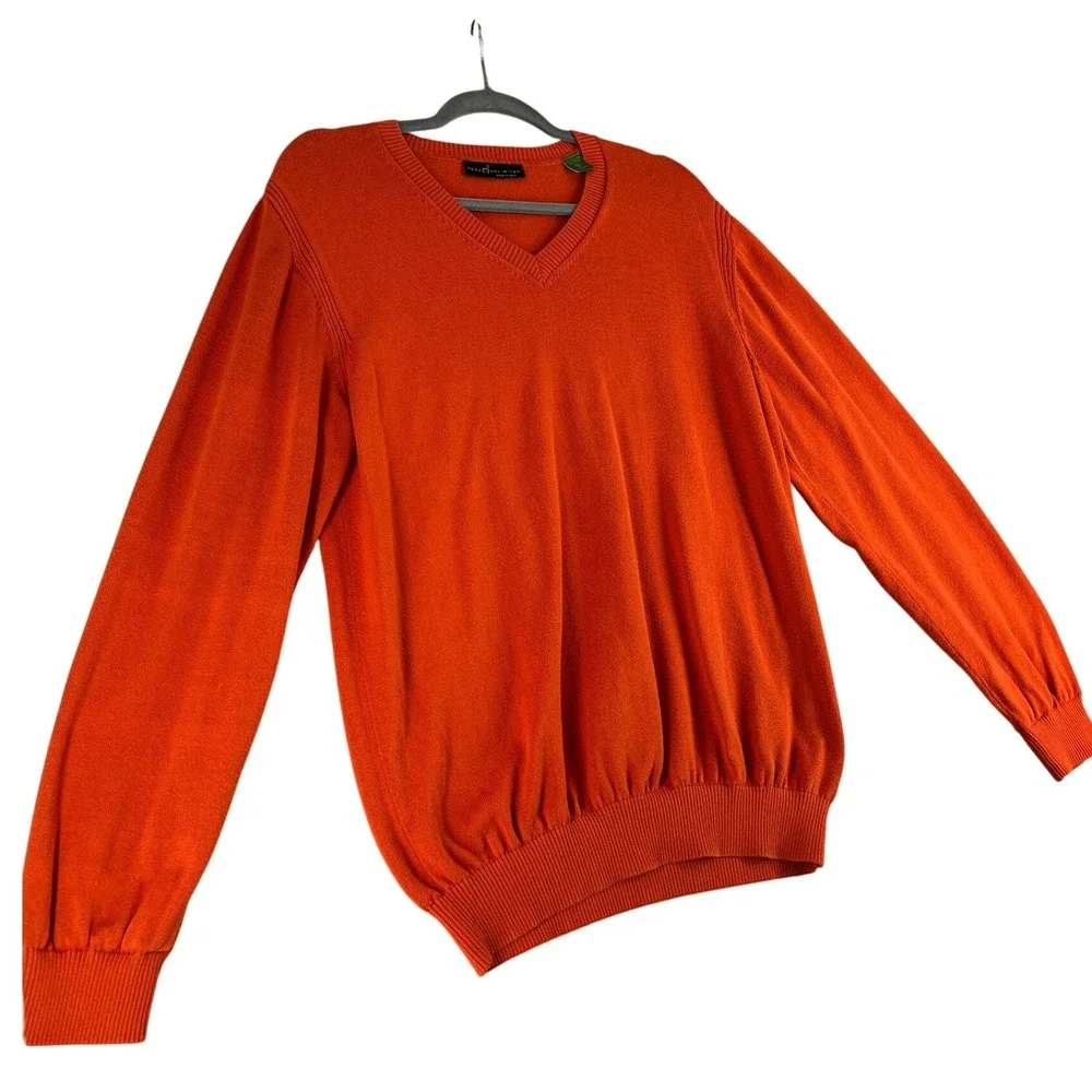 Peru Unlimited Mens Orange 100% Pima Cotton Preppy V-Neck Sweater L Made in Peru